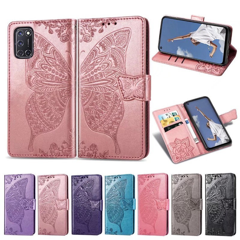 Casing untuk OPPO A5S A3S A15 A15S A16 A9 2020 A5 2020 A12 A12E Dompet Flip Kulit Timbul Kupu-kupu K