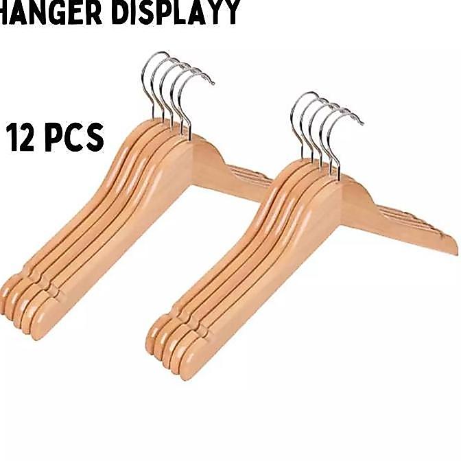 Send- Hanger Kayu Desa (Wood) Rna Natural 1 Lusin / Gantungan Baju Butik Distro / Hanger (12 Pcs)