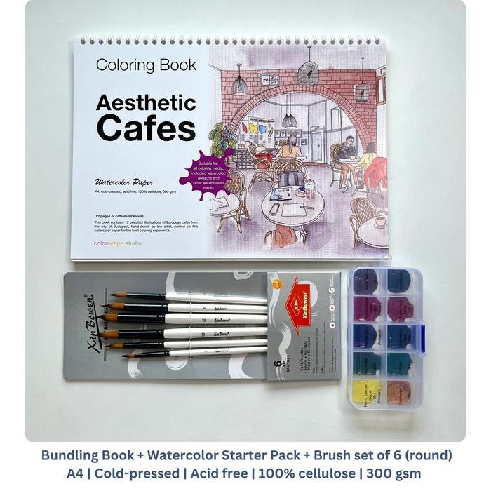 Watercolor & Mixed Media Coloring Book - Aesthetic Cafes - bundling