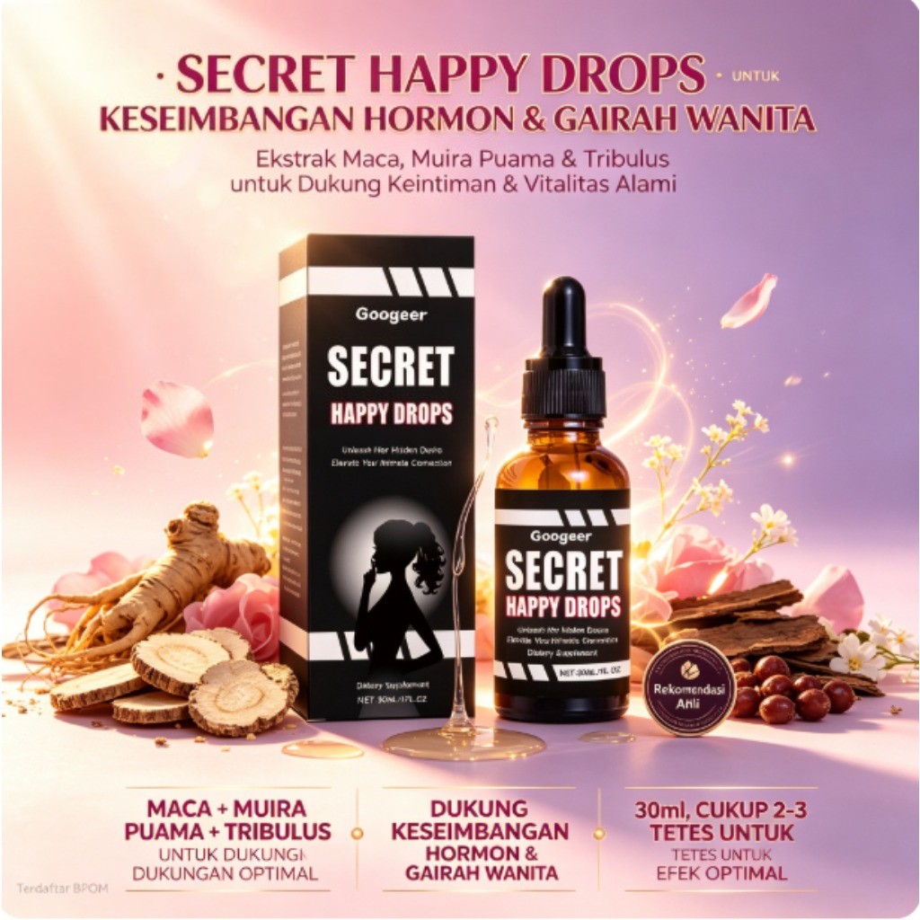 Googeer Secret Happy Drops 30ml, Ekstrak Maca, Muira Puama & Tribulus, dukung keseimbangan hormon & 