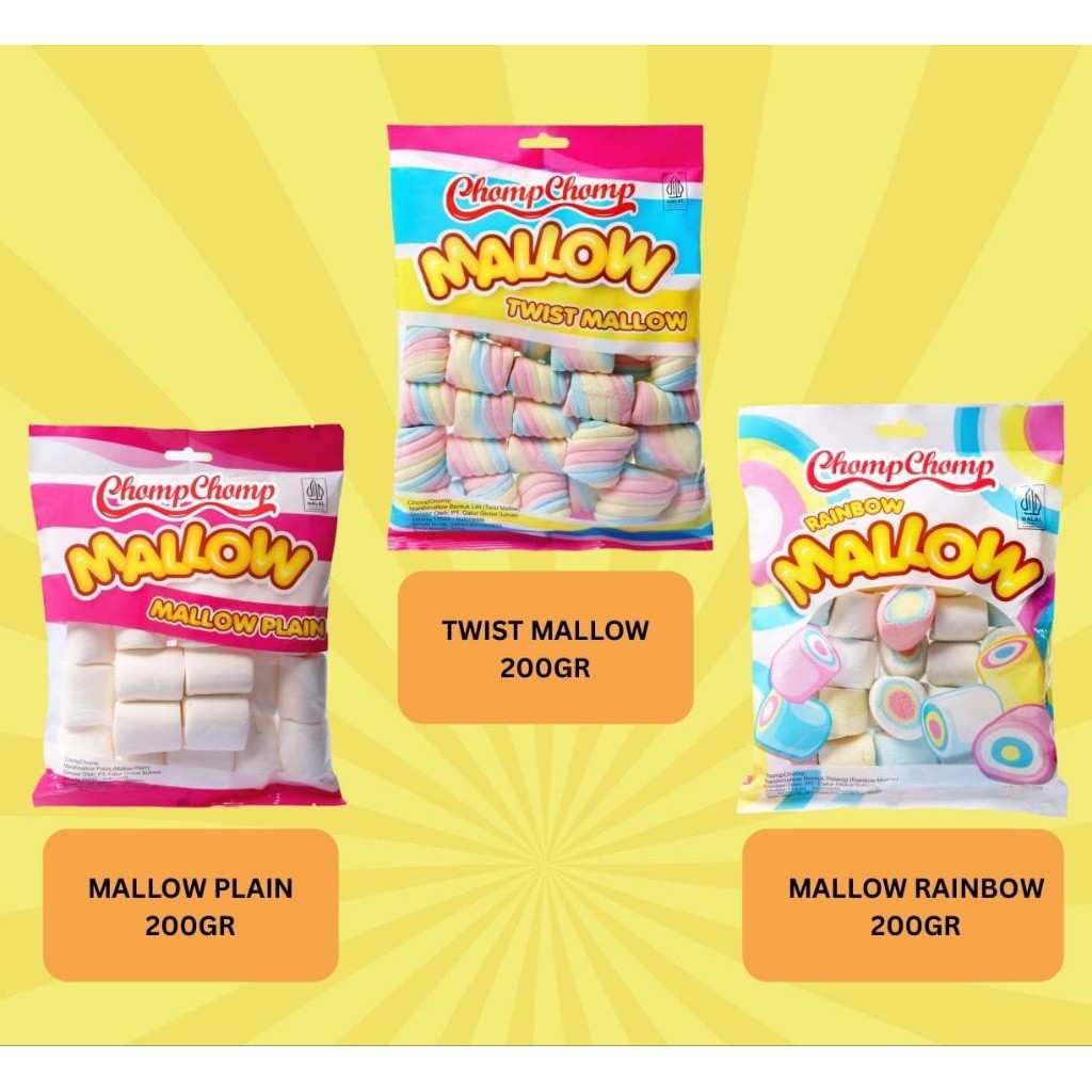 Chomp Chomp Marshmallow 200GR, Mallow Plain, Twist Mallow, Mallow Rainbow, Camilan Coklat