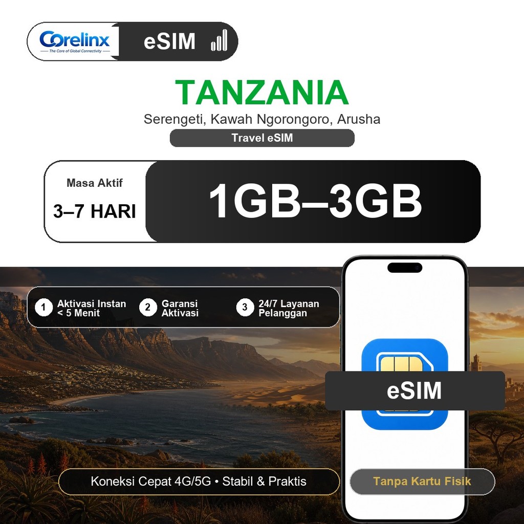 eSIM Tanzania 1GB-3GB 3-7 Hari Travel eSIM Data Internet Roaming 4G/5G QR Instan Langsung Aktif Core
