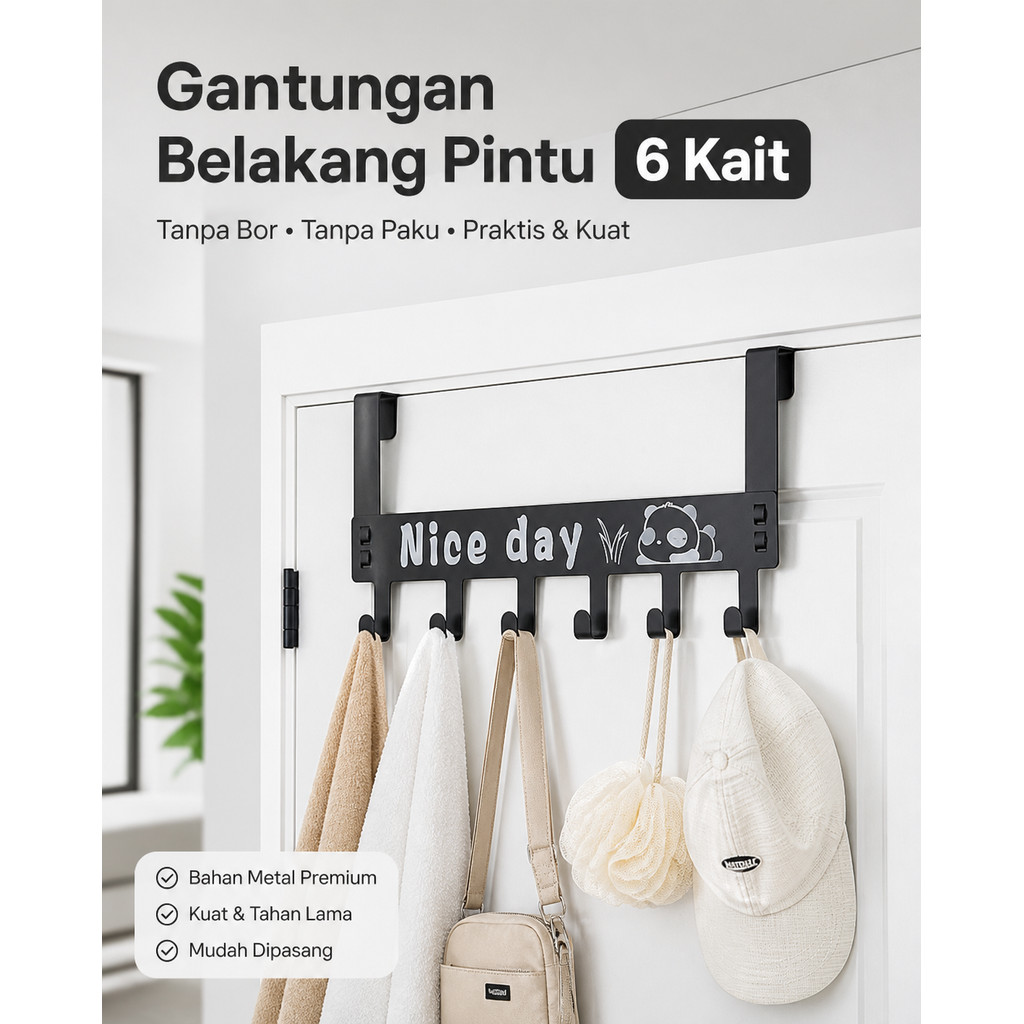 Hook Hanger Gantungan Belakang Pintu 6 Kait tanpa bor paku Nice day