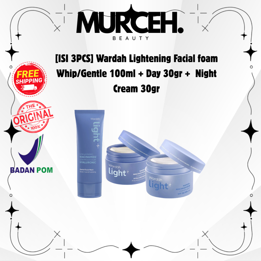 [MURCEH] [ISI 3PCS] Wardah Lightening Facial foam Whip/Gentle 100ml + Day 30gr +  Night Cream 30gr |