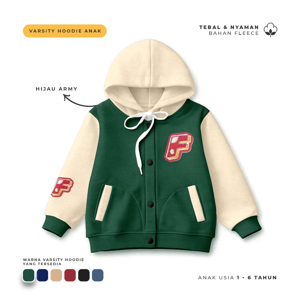 Jacket Varsity Hoodie Anak Varsity Hoodie Alphabet F Usia 1-6 Tahun Geamour Kids