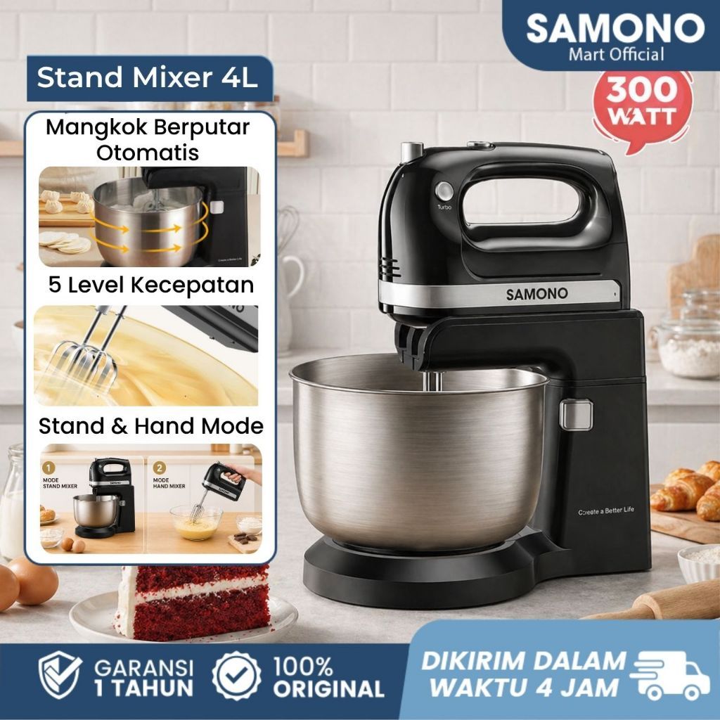 TerbaruSAMONO Stand Mixer Kue dan Roti 4L Low Watt Hand Mikser Pengaduk Adonan Donat Mixser Baking 3