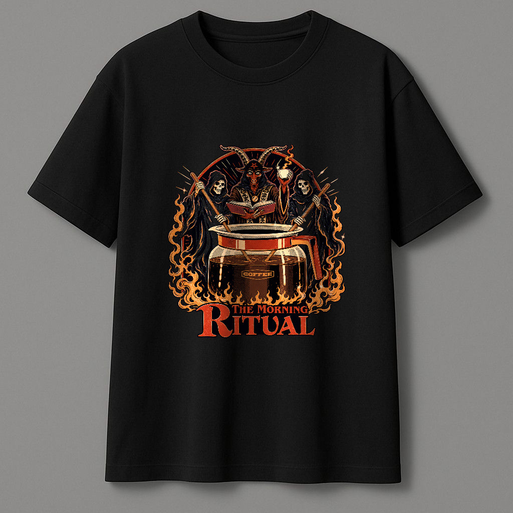 Kaos Pendek The Morning Ritual Dengan Ilustrasi Grim Reaper, Kambing Setan, Dan Ritual Kopi Bergaya 
