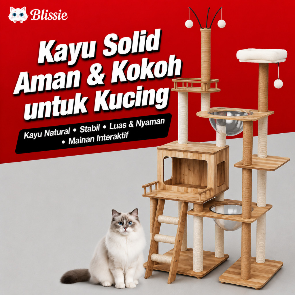Pohon Kucing Kayu Besar Multi Level Rumah Kucing Tempat Tidur Kapsul Transparan Tiang Cakar Tali Ram