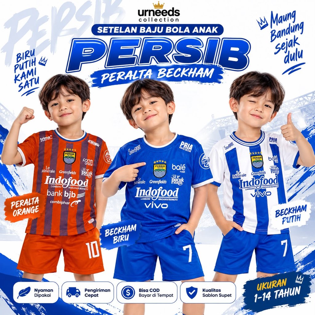 Setelan Baju Bola Anak Persib Peralta Beckham 1 - 14 Tahun Jersey Timnas Liga Piala Dunia Kaos Futsa