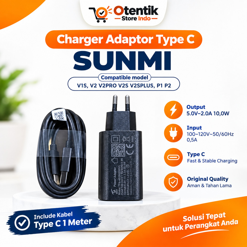 Otentik Sunmi Travel Charger Adaptor Type C TPA46950200VU untuk Mesin Kasir Sunmi Output 5.0V-2.0A 1