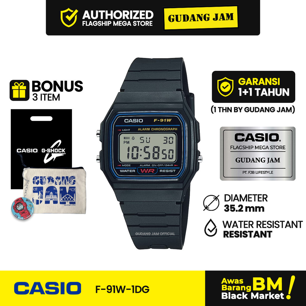 Jam Tangan Pria Casio F-91W-1DG Anti Air Original Black Resin