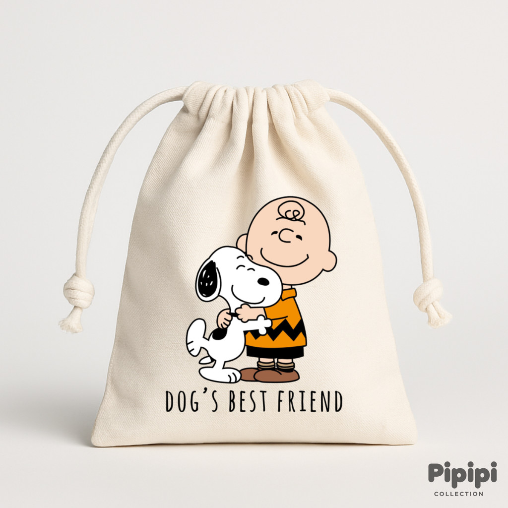 PIPIPI Pouch Serut Kanvas Tebal Premium Snoopy untuk Souvenir dan Oleh-Oleh Pipipi Collection