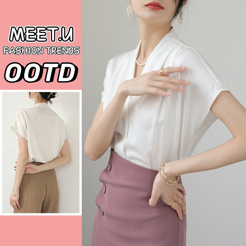 MEET.U  Blus Kemeja Satin Chiffon Halus Prenium Wanita Kerah V Lengan Pendek