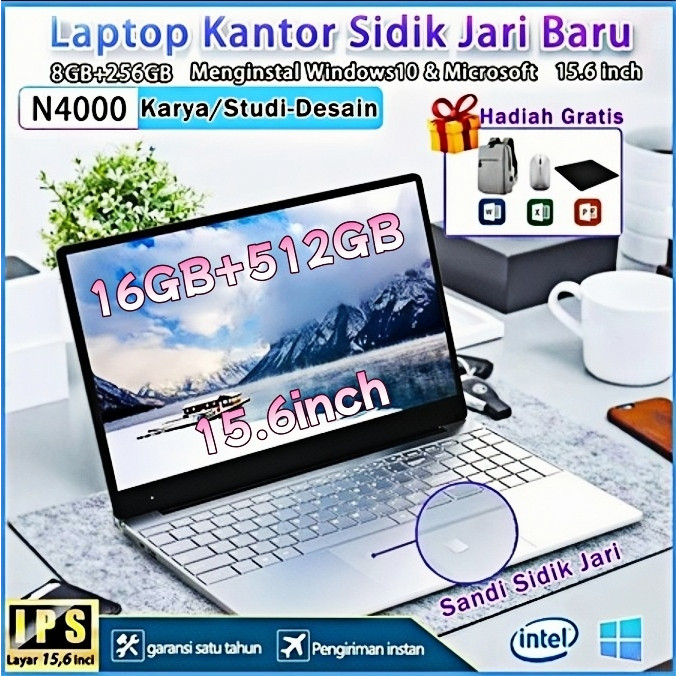 Laptop Baru Original Layar HD 15.6 inch 16GB+512GB SSD Laptop Slim Second Gaming generasi ke11 Intel
