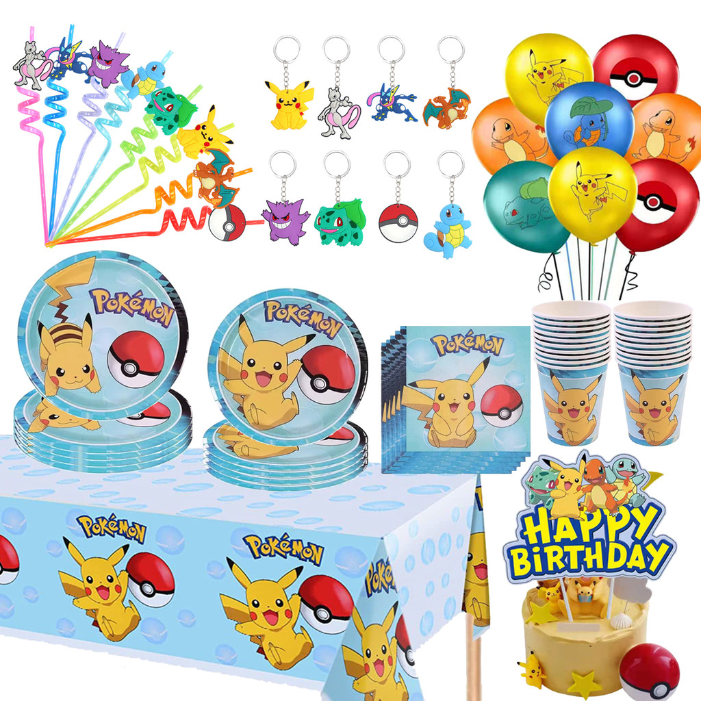 Pokemon Party Supplies PokeBall Birthday Party Decorations Tableware Set Paper Plate Cup Tablecloth 