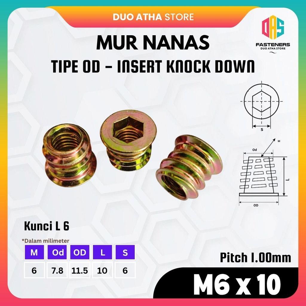 Mur Nanas M6x10 Tipe OD / Mur Nanas OD M6 x 10 / Insert Knock Down M6x10 / Mur Tanam Furniture M6x10