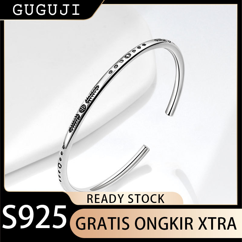 GUGUJI Perhiasan Gelang Perak 925 Perak Thai Bintang Bulan Totem Bulu India Terbuka Vintage Gelang P