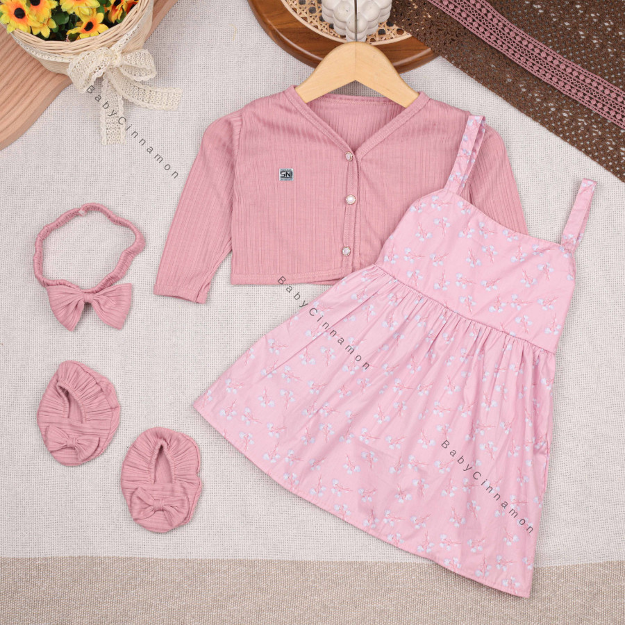 4In1 Set Cardigan Uk Bayi GRATIS Bandana & Sepatu / Katun Jepang Dress Baby SNI Dres Korea Anak Pere