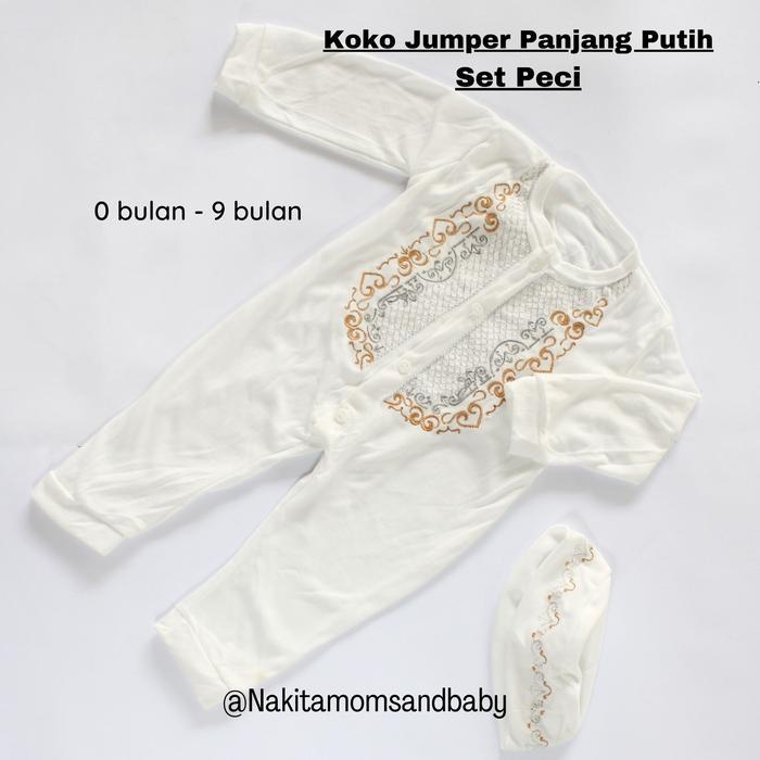 NAKITA Gamis Putih Burkat Set Jilbab dan Koko Jumper Panjang Set Peci Baru Lahir Aqiqah Muslim Edisi