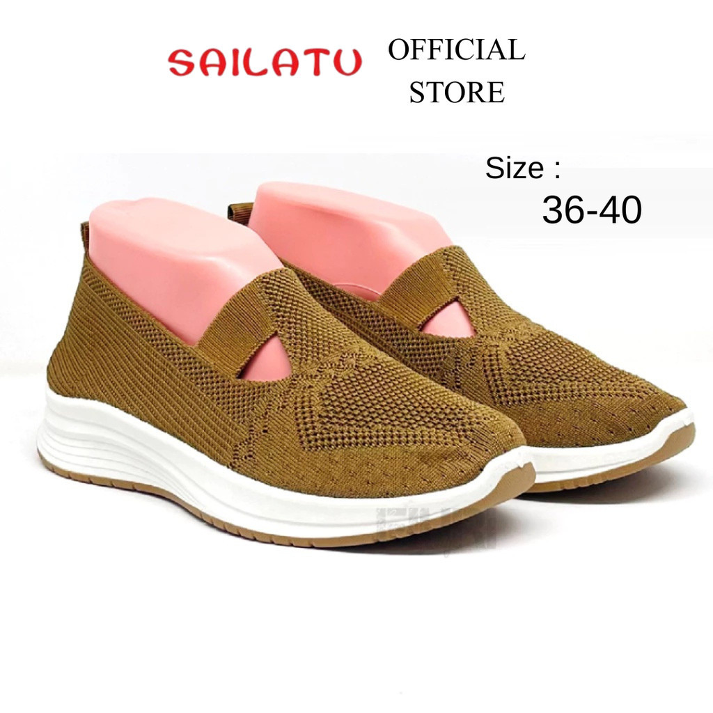 Sailatu - Selop Tali 36-40 - Sepatu Knit Rajut Casual Sekolah Kuliah Kerja Wanita - Coklat Putih