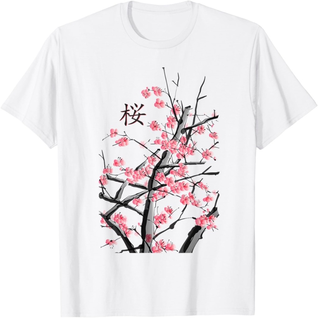 Kaos Karya Seni Kanji Jepang Pohon Bunga Sakura