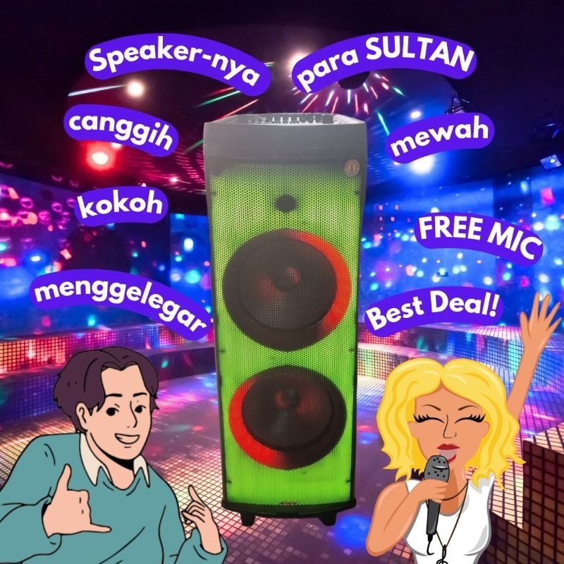 ll SPEAKER TROLLEY DOUBLE SPIKER TROLI DOBEL WOOFER DAT DT 2210 DT2210 XBASS FREE 2 MIC WIRELESS 12"