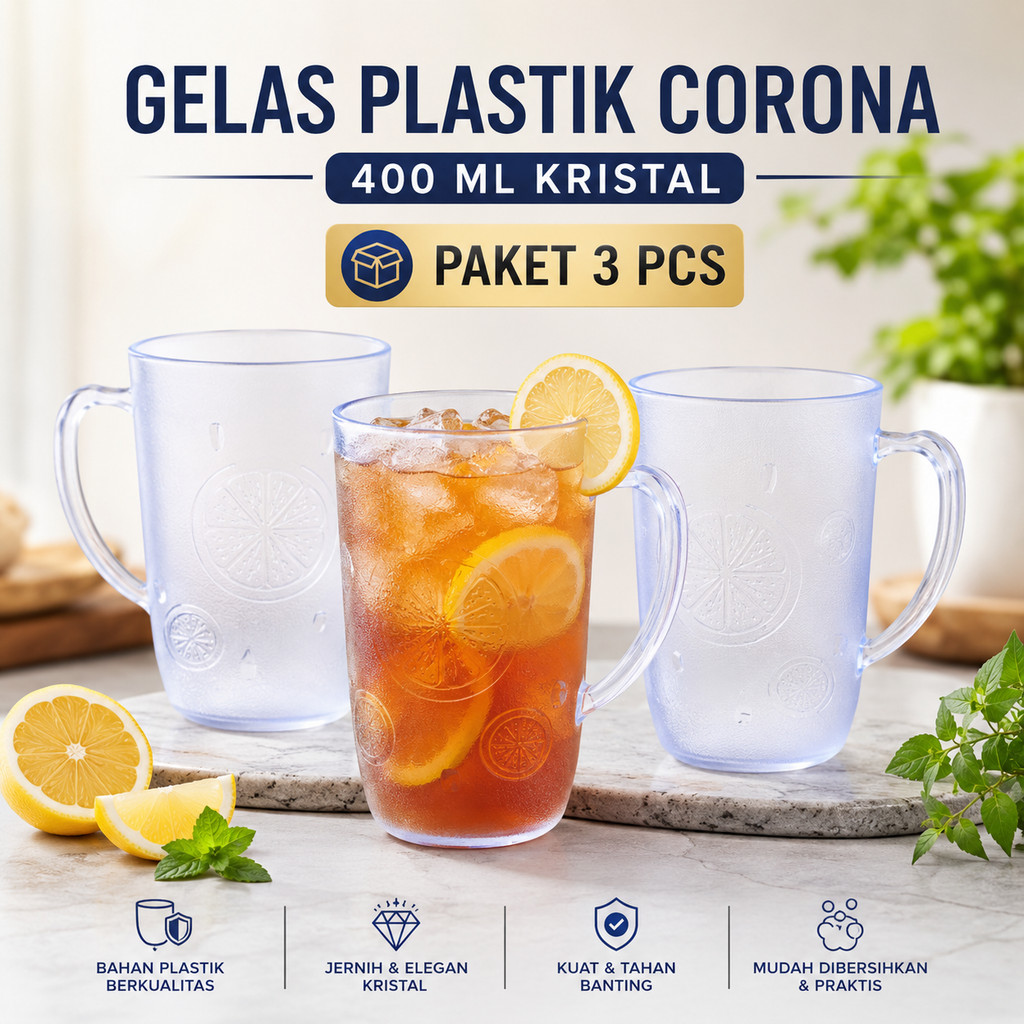 Paket 3 Pcs Gelas Plastik Corona 400ml Kristal / Gelas Gagang Bening untuk Es Teh Kopi Susu