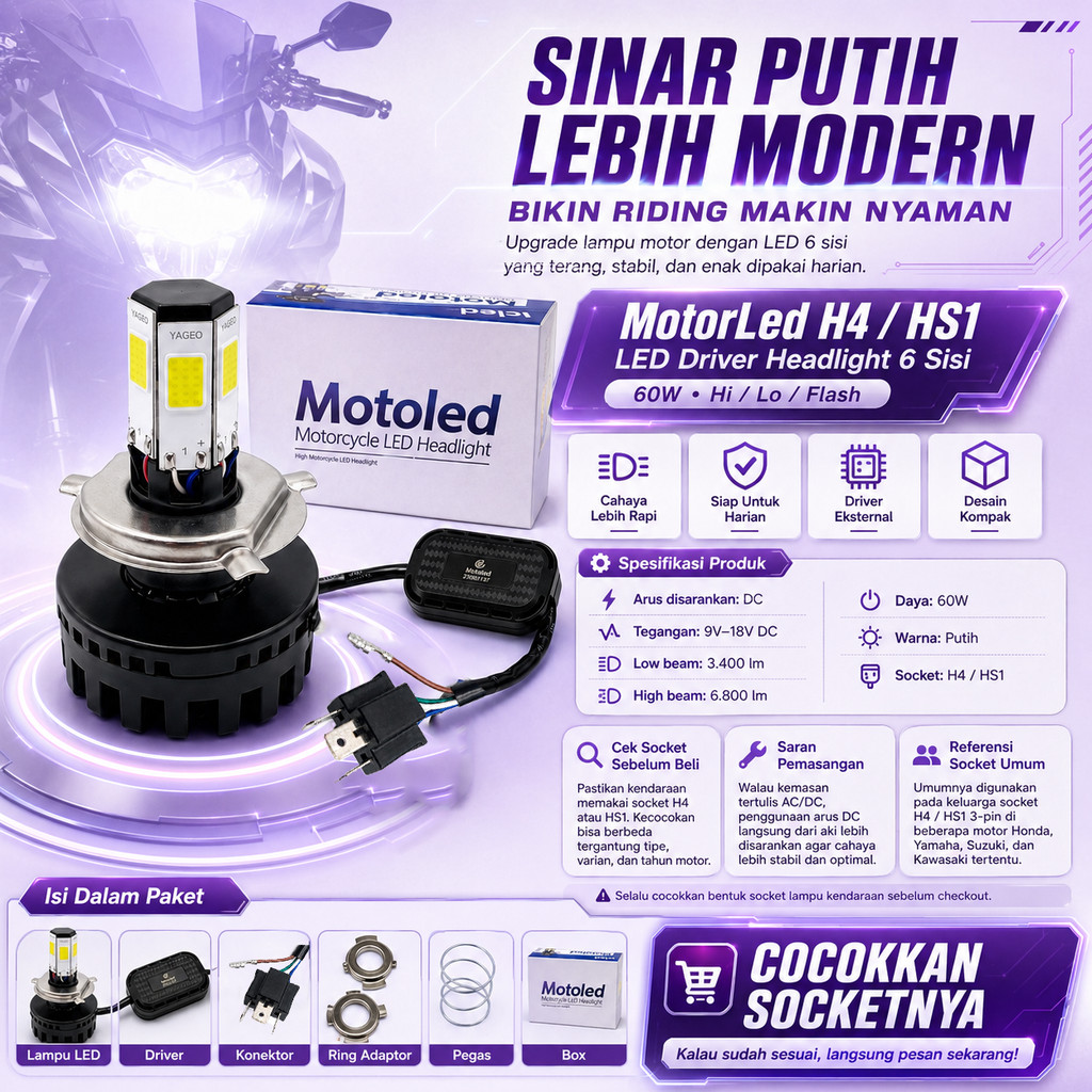 Lampu LED Motor H4 HS1 MotorLed 6 Sisi 60W LED Driver Hi-Lo Flash