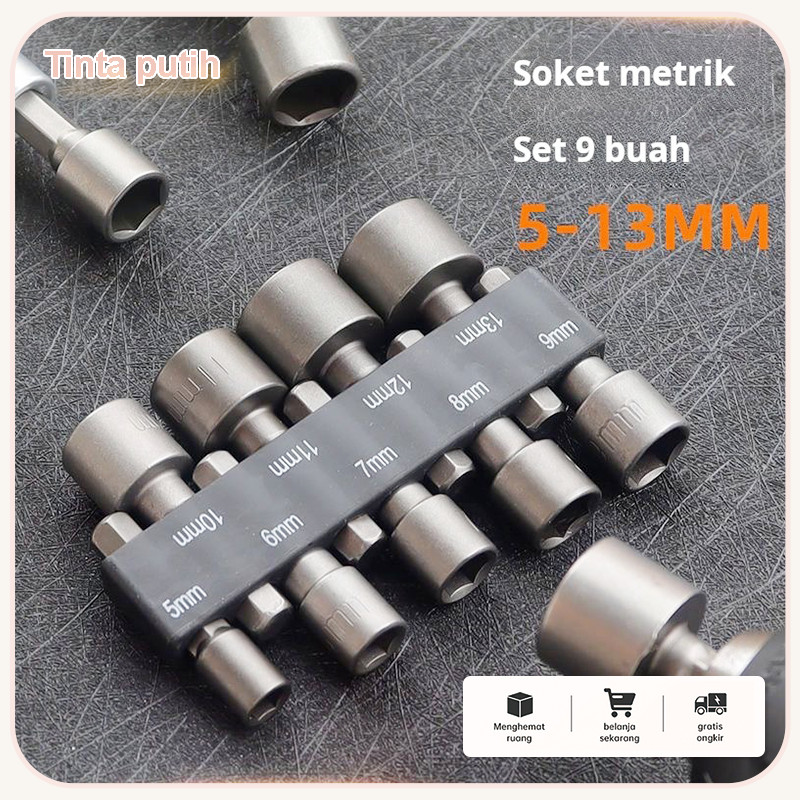 Satu set berisi 9 buah mata obeng magnet berkekuatan tinggi, mata obeng, kunci soket segi enam yang 