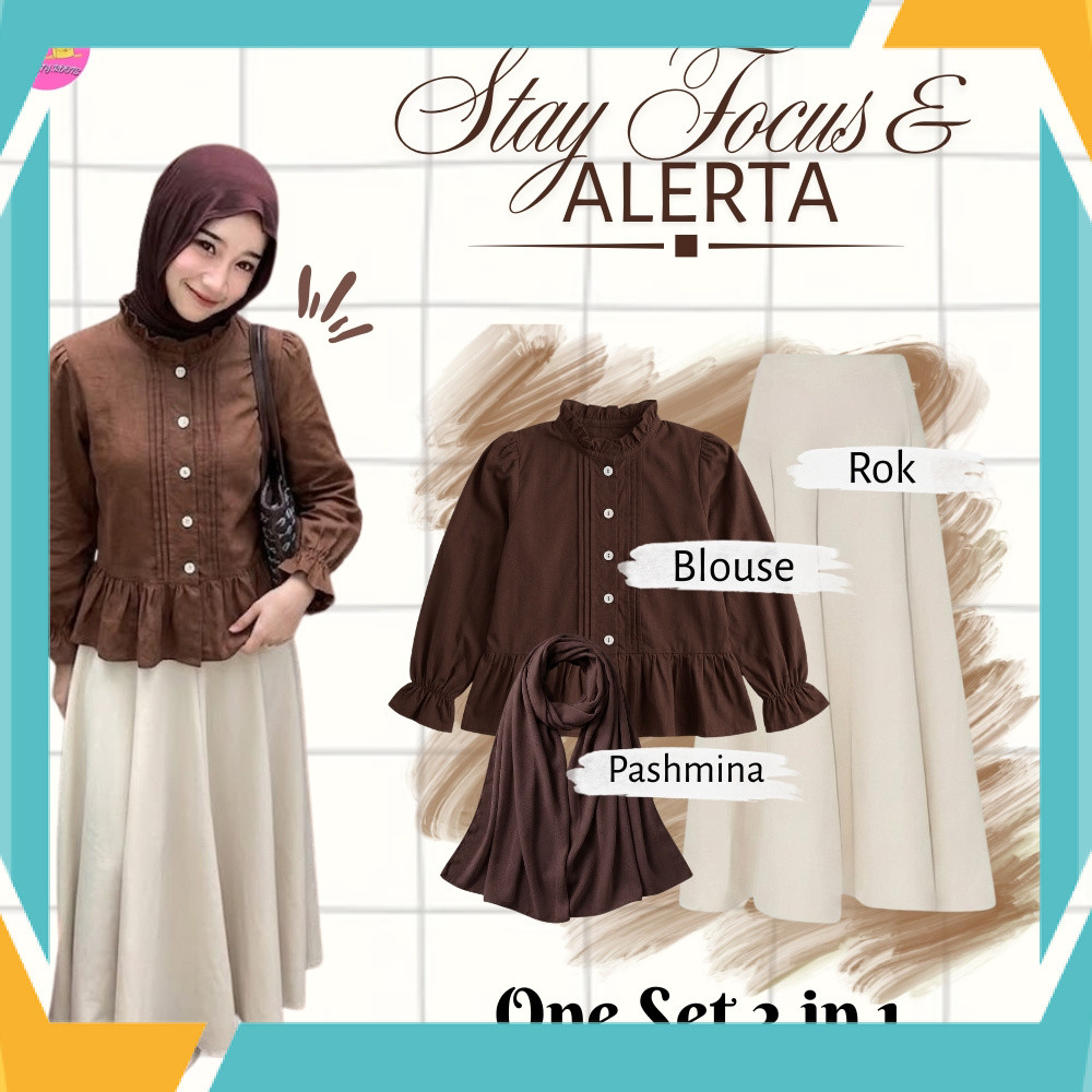 Setelan OneSet 3 in 1 Blouse Elora & Rok Payung Kekinian (Blouse Elora + Rok Payung + Pashmina) Kore