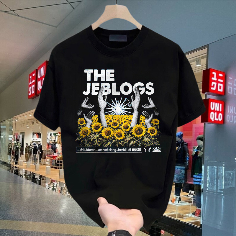 Kaos Pria Heavyweight Motif Tangan Dan Bunga Matahari Desain Vintage Kolase Hitam Putih Kuning Biru