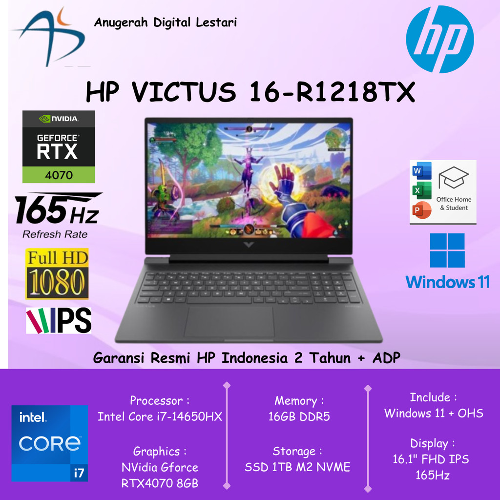 HP Victus 16-R1218TX Core i7-14650HX 16GB SSD 1TB RTX4070 8GB 16"FHD 165Hz WIN 11 OHS