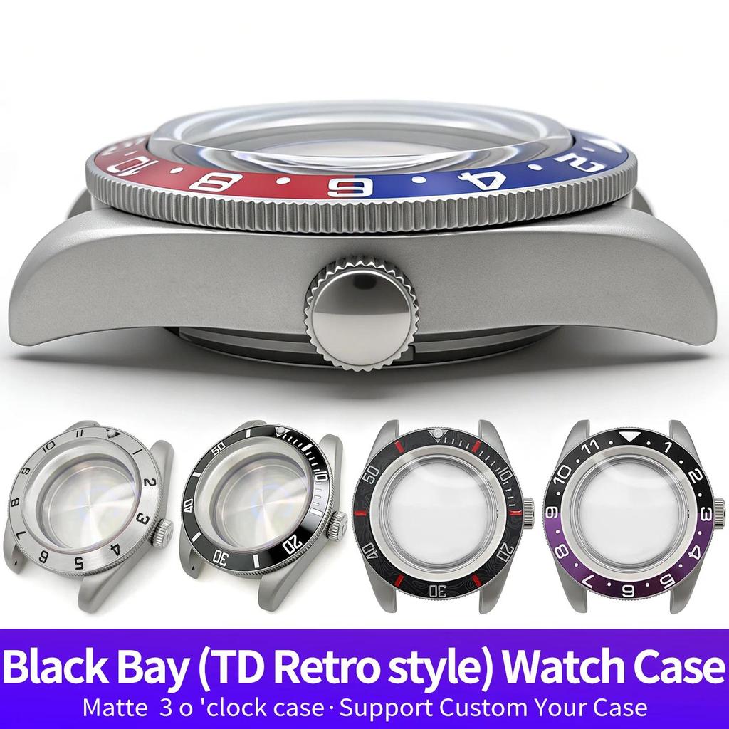Matte Retro Black Bay Style Watch Case MOD SKX NH34 NH36 With 3'O Clock Crown Silver Sapphire Crysta