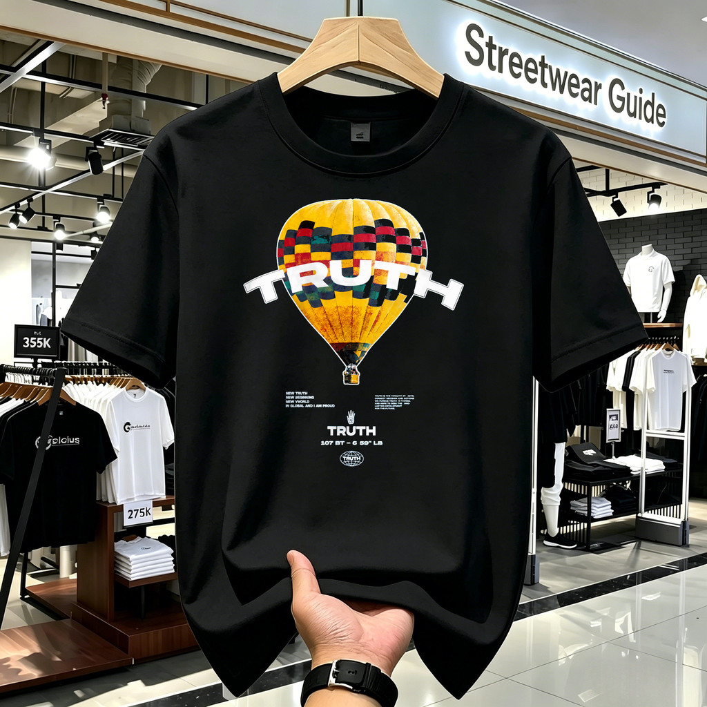 Kaos Oversize Pria Motif Balon Udara Truth American Style T Shirt Unisex Lengan Pendek Hitam Fashion