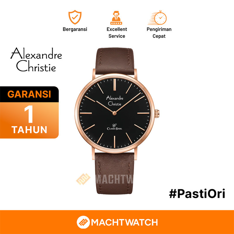 Jam Tangan Pria Alexandre Christie Classic Steel AC 8490 MH LRGBA Men Black Dial Brown Leather Strap