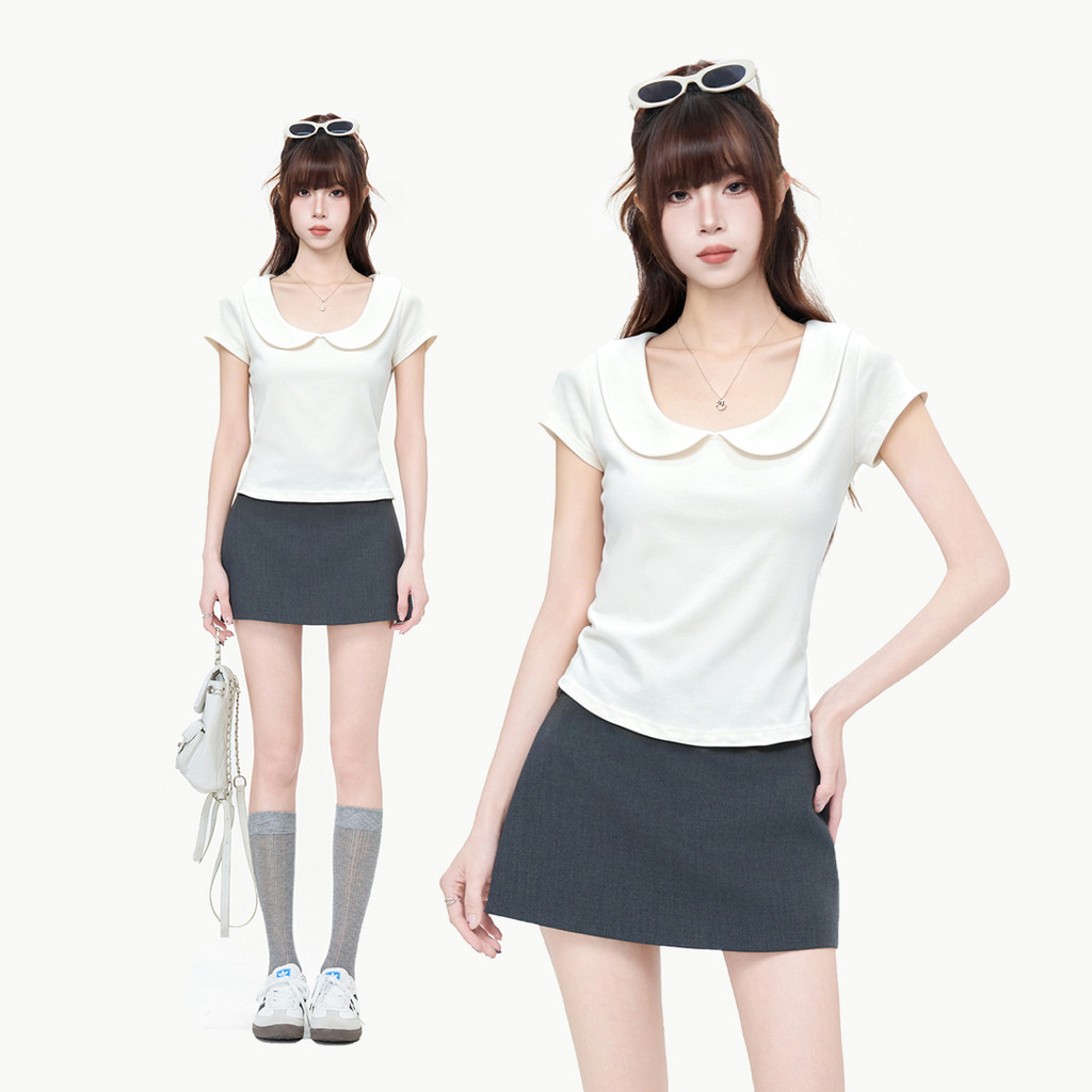 Formygrils | Off White Kerah Lipat Boneka Lengan Pendek Atasan Kaos Wanita