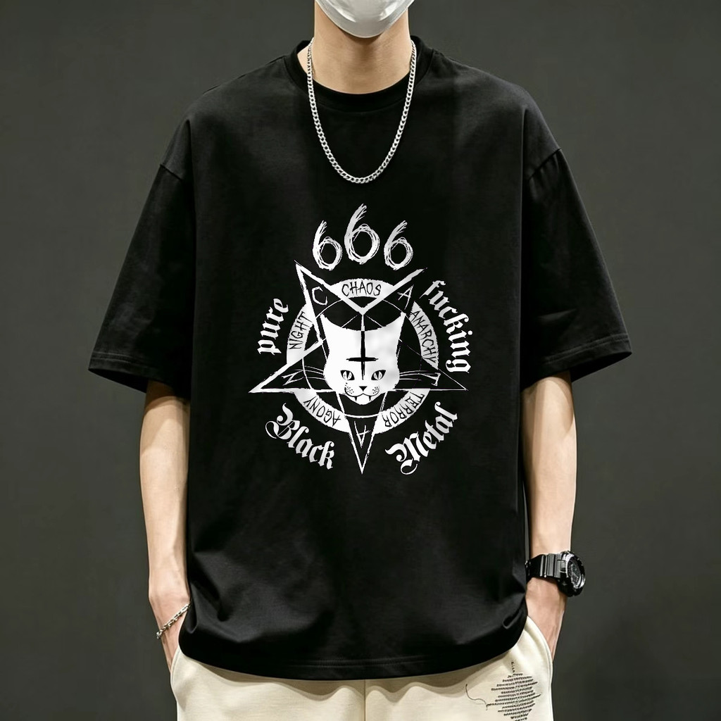 Kaos Band 666 Black Cat Occult Pentagram Kaos Vintage Pria T Shirt Unisex American Style Sablon Kaos