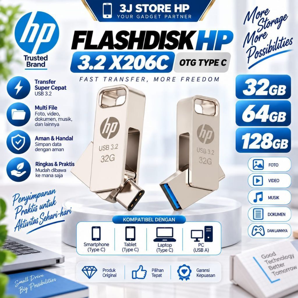 FLASHDISK HP 32GB 64 GB 128GB  X206C OTG TYPE C /FLASHDISK DUAL PORT X206C