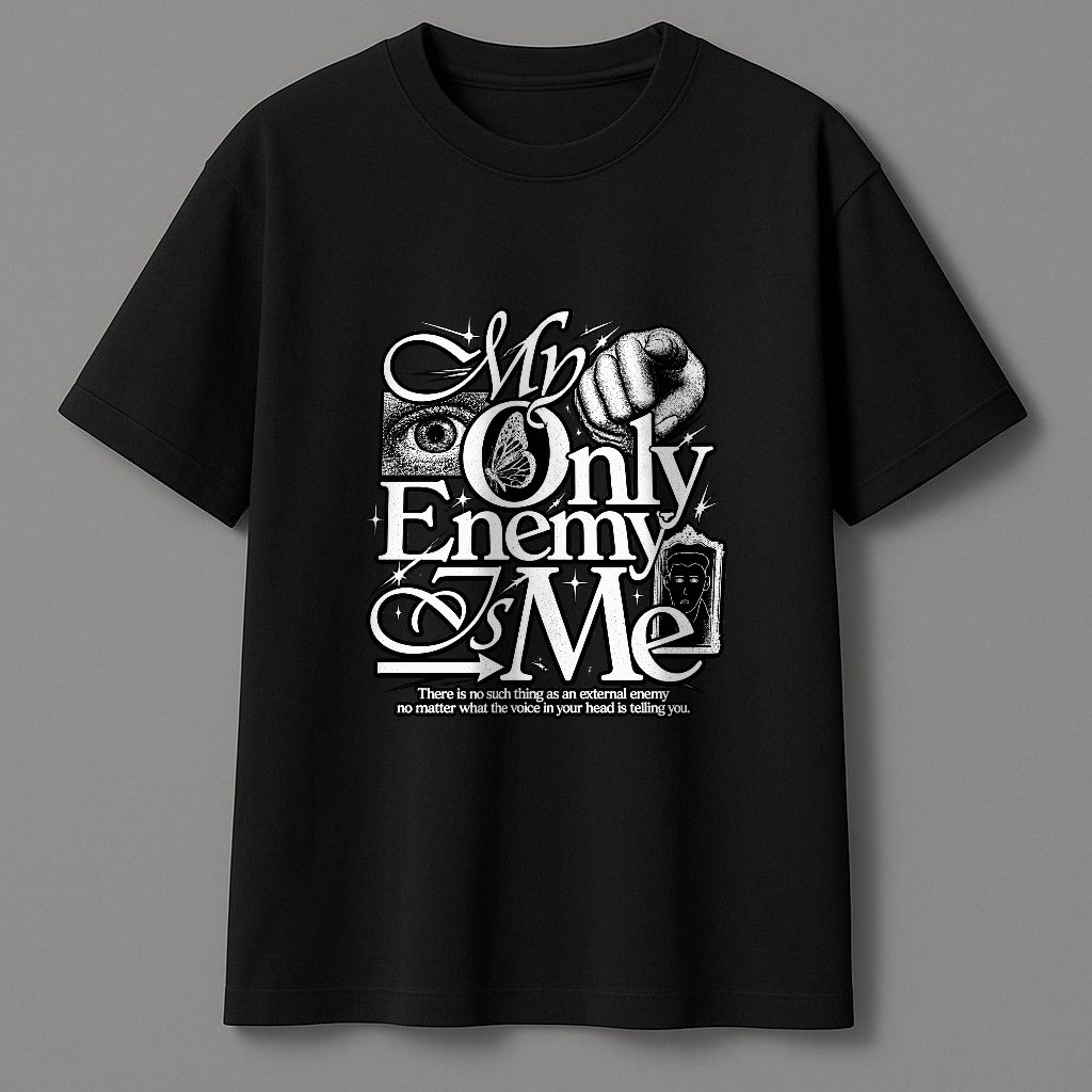 Kaos Only Enemy Dengan Grafis Tipografi Gelap, Tangan, Kupu-Kupu, Wajah, Dan Pesan Motivasi, Kaos Pe