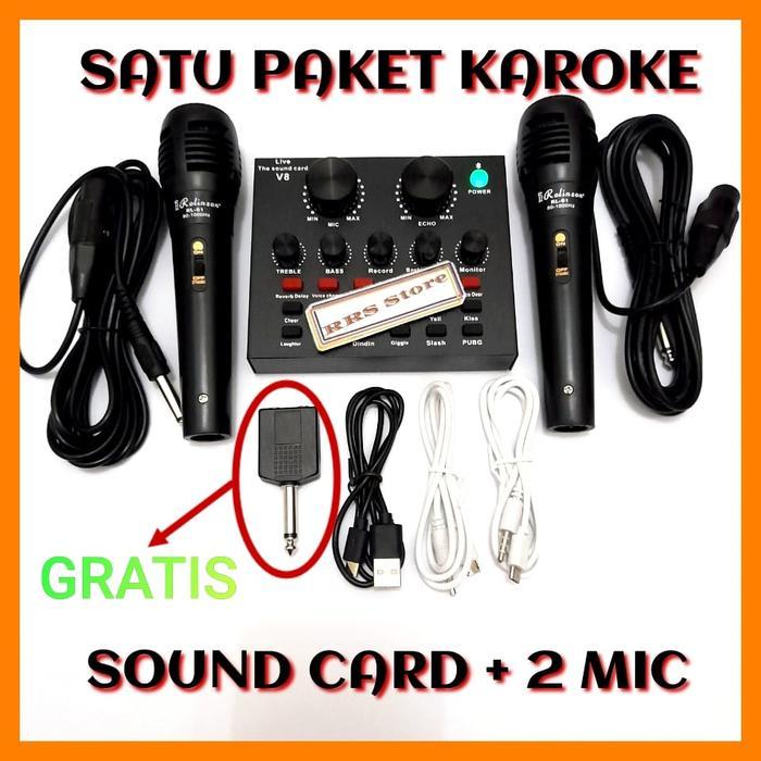 ALAT KAROKE MURAH SOUNDCARD V8 DAN MIC SATU PAKET Mixer mini  Broadcast Microphone V8 bluetooth - PA