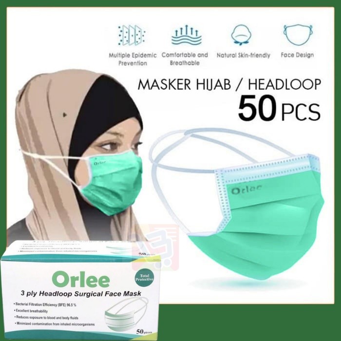 Masker Bedah Medis 3ply 3 ply Headloop Hijab ORLEE kemenkes Ready