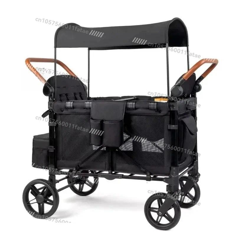 Outdoor Wagon Stroller 4 Seat with Full Canopy Camping Folng Wagon Stroller 4 Seater for Kids