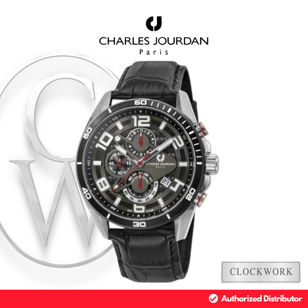 Jam Tangan Pria Charles Jourdan CJ1046-1335C Kulit Sporty Casual Kombinasi Hitam dan Silver
