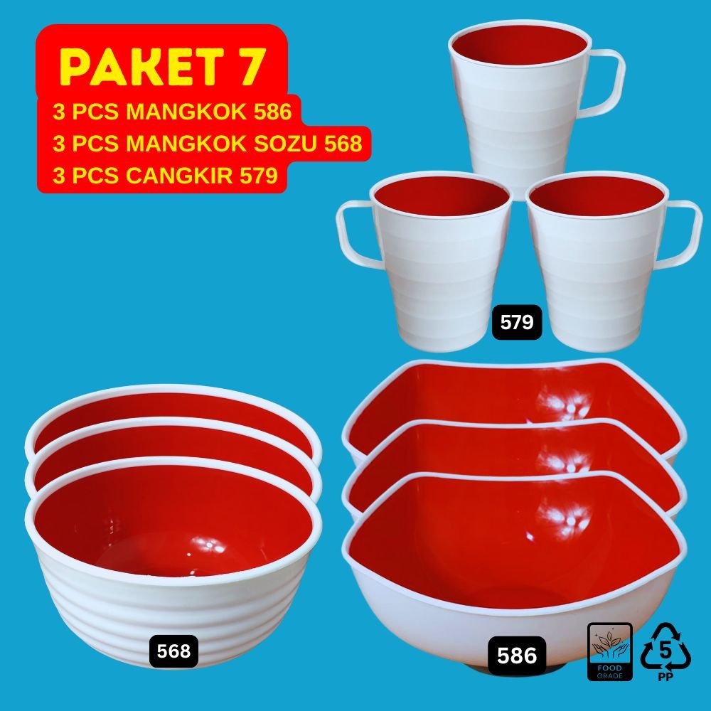 Set Mangkok Jumbo + Cangkir Promo Paketan Mangkuk Makan Set Alat Makan Plastik PAKET MERAH PUTIH 7
