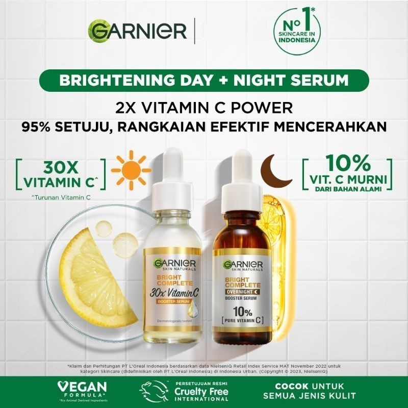 Garnier Bright Complete Overnight Vitamin C Serum/10% Pure Vitamin C Overnight Siang dan Malam Serum