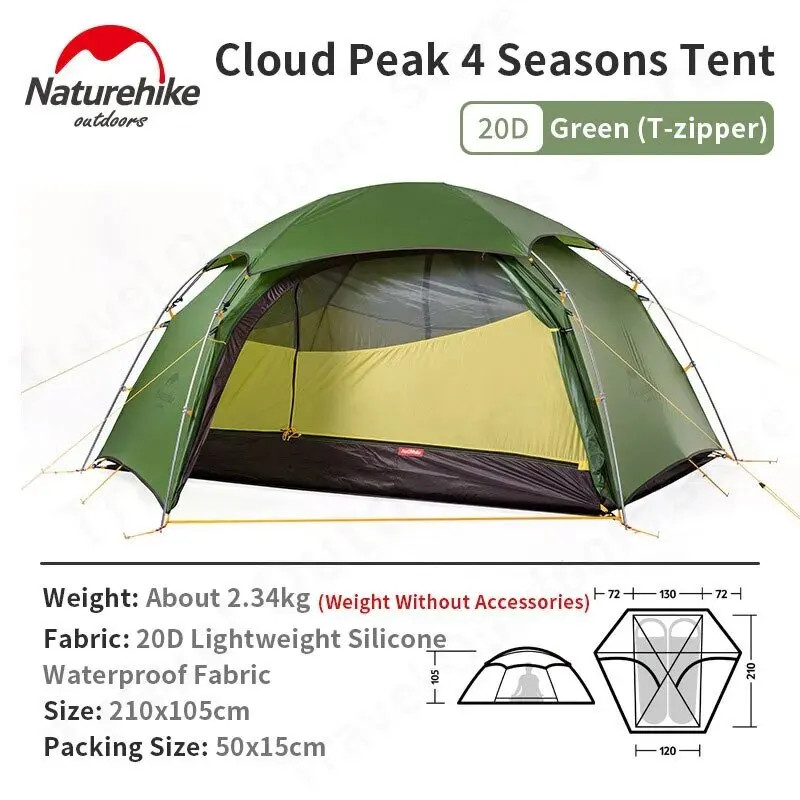 Naturehike Cloud Peak 2 15D Camping Tent Outdoor Hiking 1-2persons Ultralight 2.16Kg 4seasons Portab
