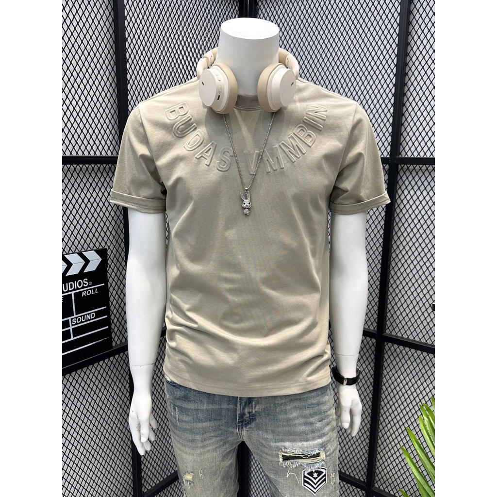 T-shirt trendi bordir lengan pendek pria huruf stempel baja longgar