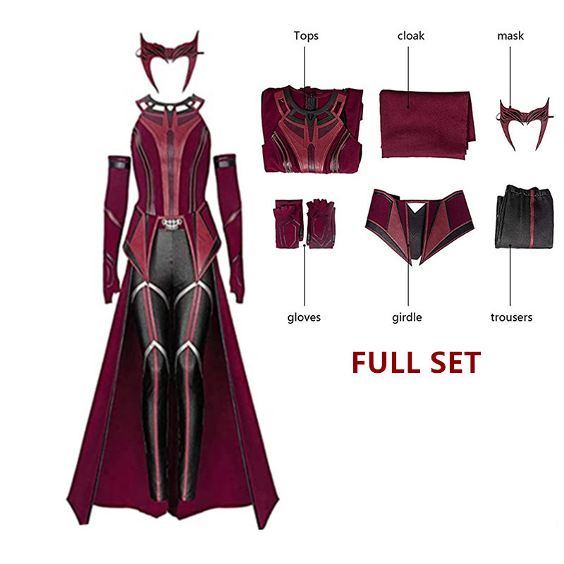 Scarlet Cosplay Wit Maximoff Wanda Vision Cosplay Costume Headwear Cloak and Pants Full Set Outfit H