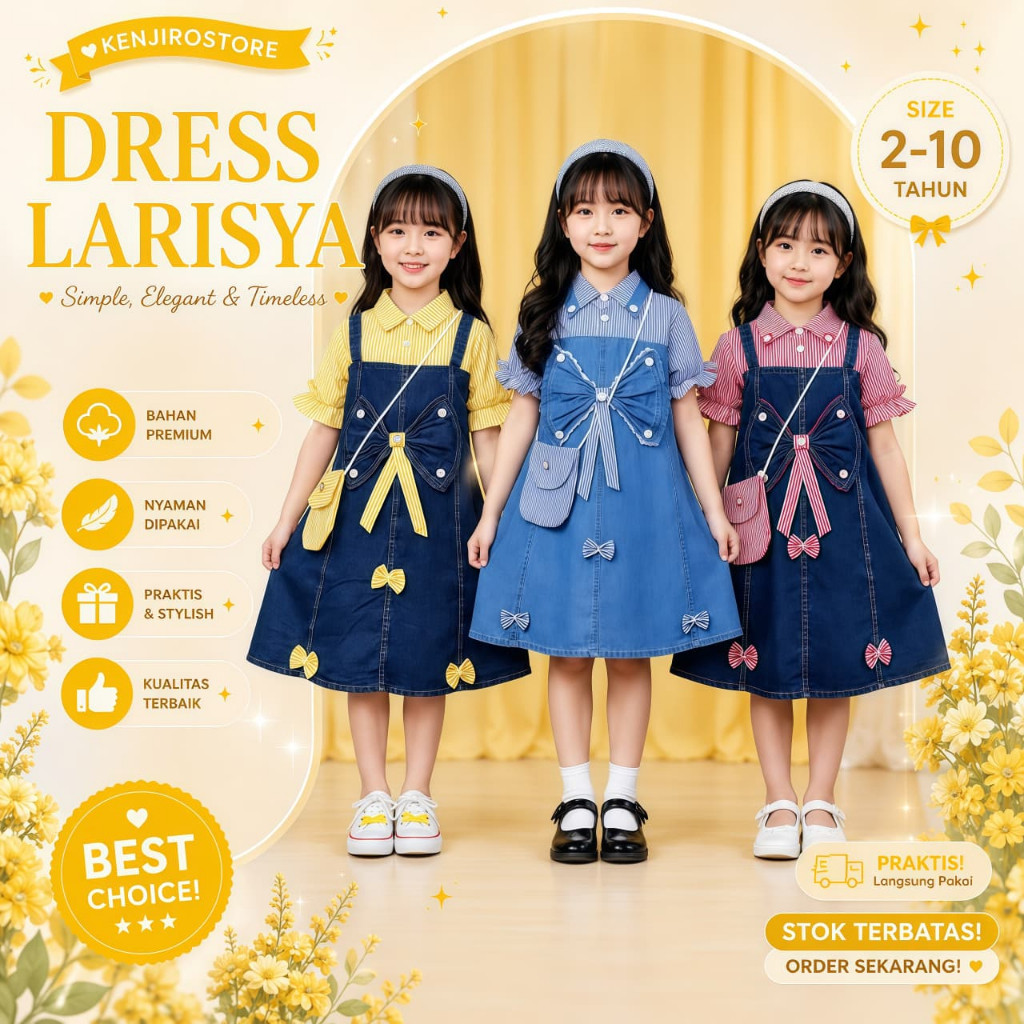 Midi Dress Jeans Anak Perempuan Gamis Denim Impor Korea Bahan Adem Usia 3-7 Tahun Family Gathering S