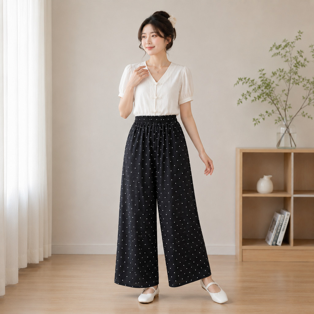 Kulot Knit Sakura Import Polkadot Highwaist Loose Pants Premium